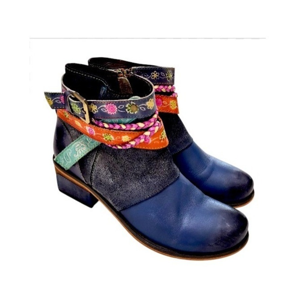 Socofy Blue Leather Gypsy Boho Patchwork Floral Strappy Ankle Boots 40 / 9
